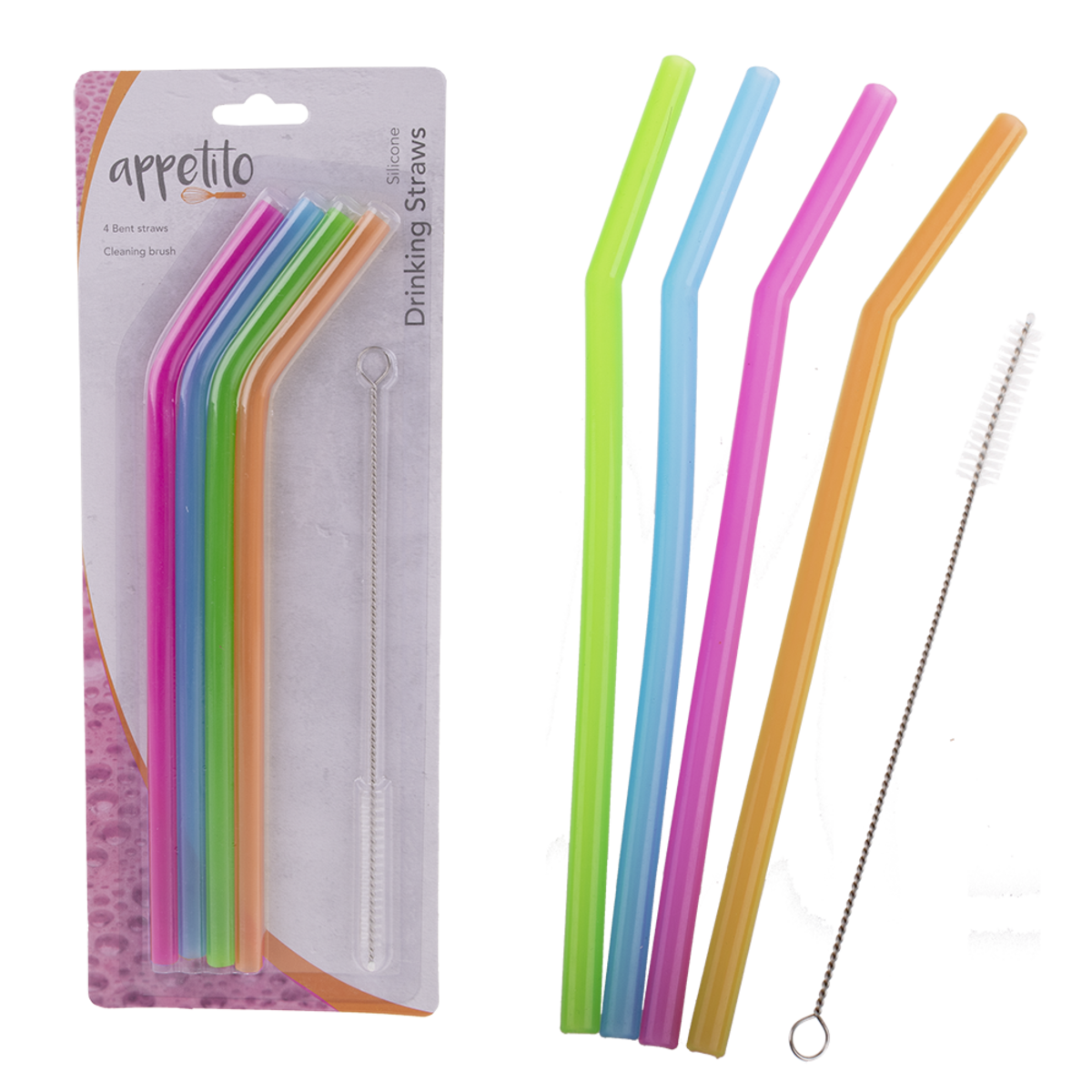 Appetito Translucent Silicone Bent Drinking Straws With Brush - 5pc