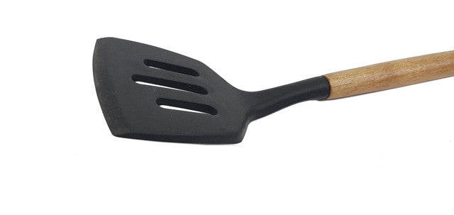 St. Clare Black Silicone Slotted Lifter with Acacia Handle - 32cm