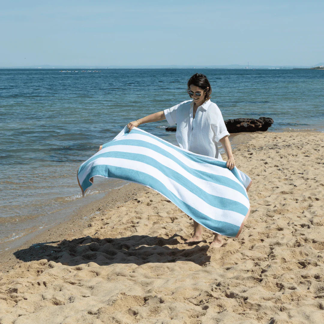 Pure Zone XL Cotton Terry Beach Towel - Suffolk - Aqua Stripe - 90x180cm