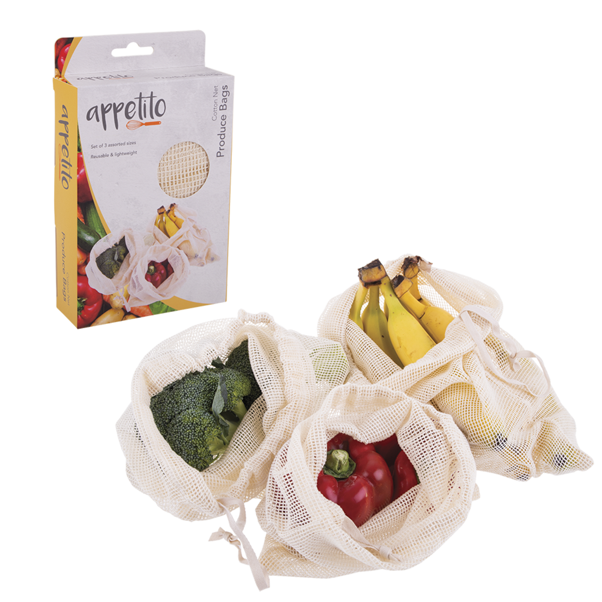 Appetito Cotton Net Produce Bags - Set of 3 - Assorted Sizes