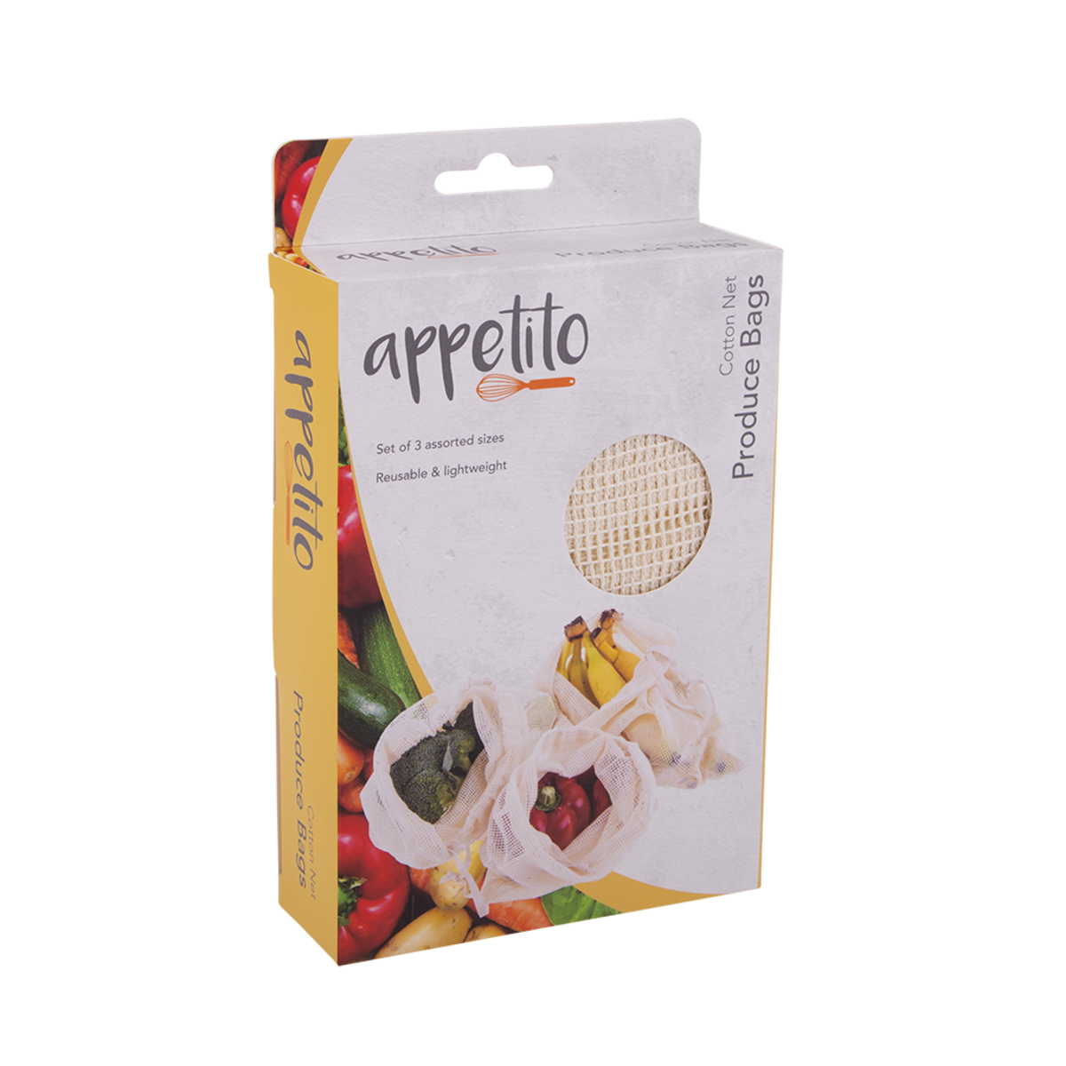 Appetito Cotton Net Produce Bags - Set of 3 - Assorted Sizes