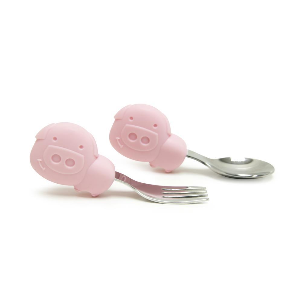 Marcus & Marcus Palm Grasp Spoon & Fork Set - Pokey The Piglet - Pink