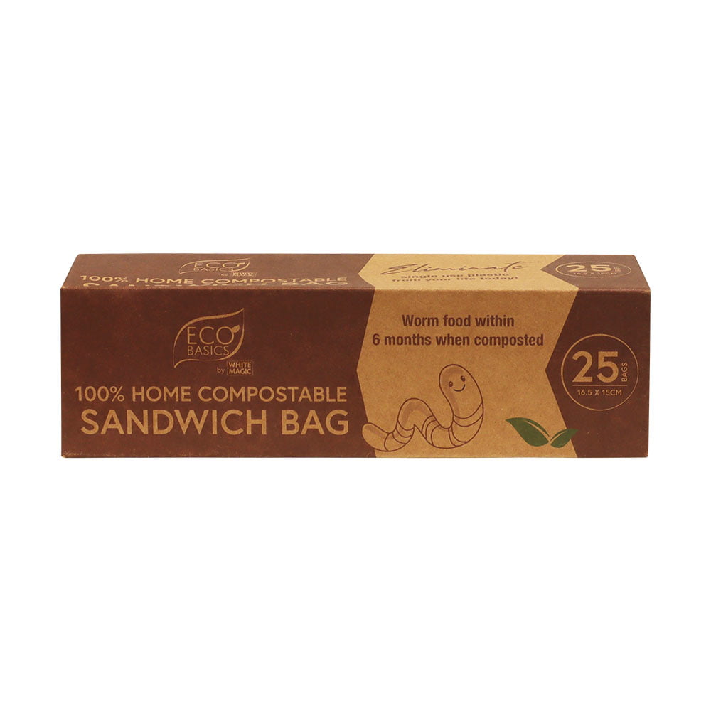 Eco Basics 100% Home Compostable Sandwich Bags - Pack of 25 - 16.5x15cm - White Magic