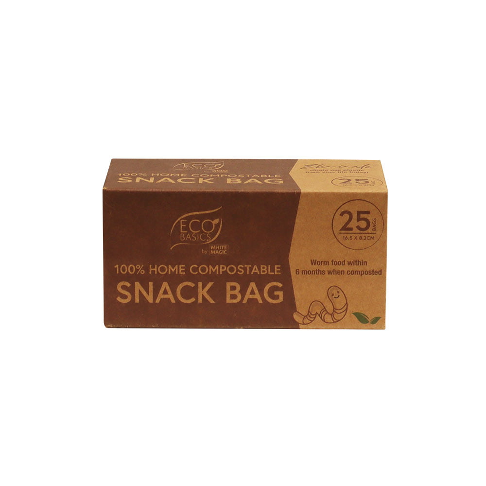 Eco Basics 100% Home Compostable Snack Bags - Pack of 25 - 16.5x8.2cm - White Magic