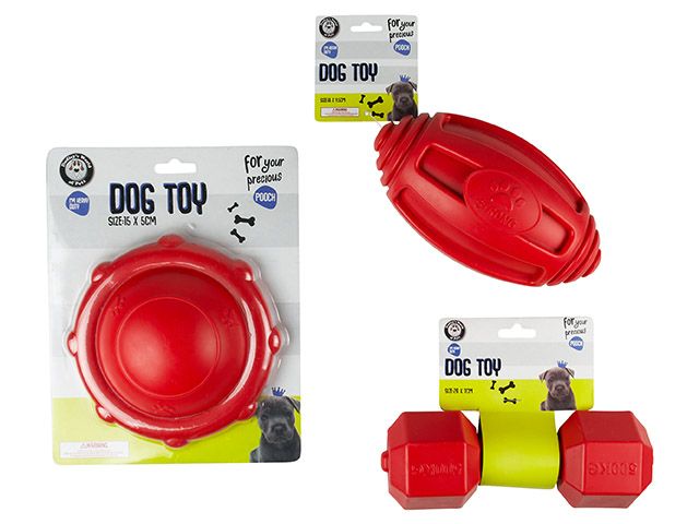 Dog Toy Heavy Duty - 3 Assorted Designs - Dumb Bell/Football/Disc